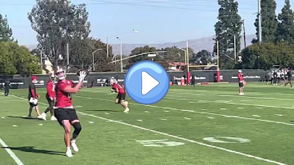 Play video: The difference in arm strength between Jimmy Garoppolo and Brock Purdy. Video thumb: The difference in arm strength between Jimmy Garoppolo and Brock Purdy.