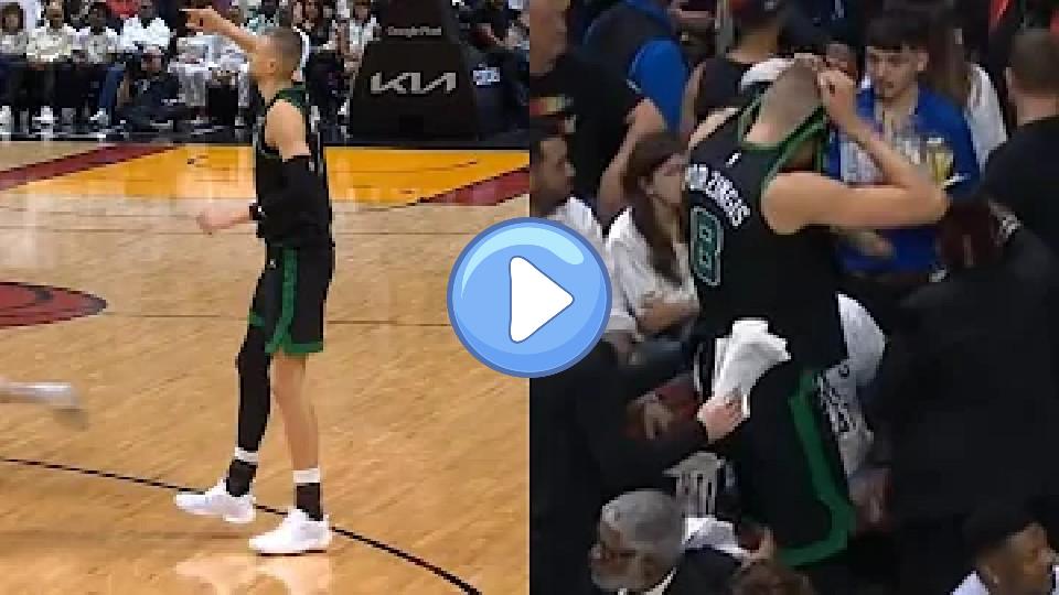 Play video: Kristaps Porzingis puts his jersey over his head after a scary non-contact leg injury against the Heat. 😬 Video thumb: Kristaps Porzingis puts his jersey over his head after a scary non-contact leg injury against the Heat. 😬