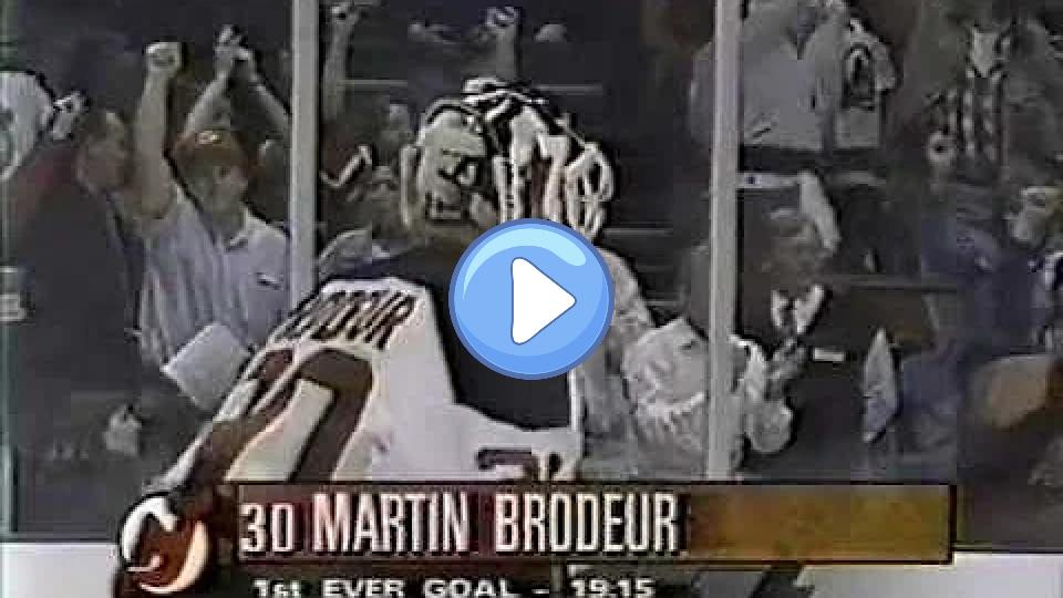 Play video: New Jersey Devils goalie Martin Brodeur scores his first NHL goal. Video thumb: New Jersey Devils goalie Martin Brodeur scores his first NHL goal.