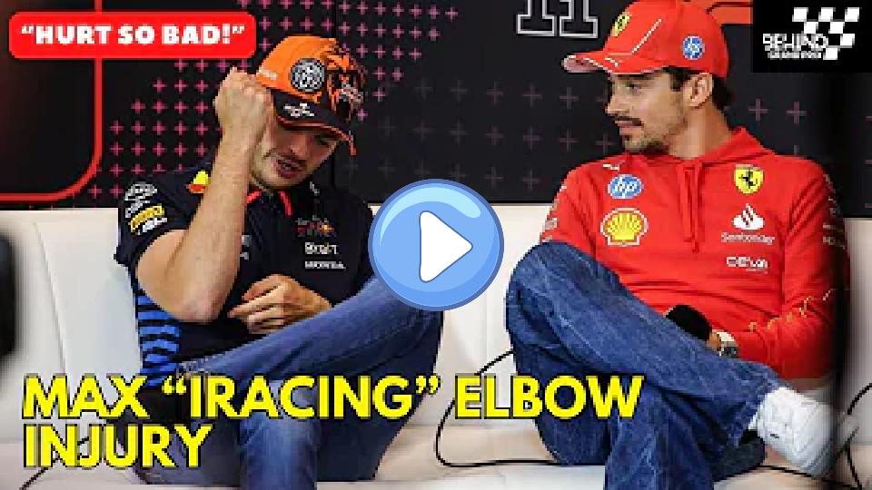 Play video: Max Verstappen showing off his elbow injury to Charles Leclerc, and it's because of iRacing. Video thumb: Max Verstappen showing off his elbow injury to Charles Leclerc, and it's because of iRacing.