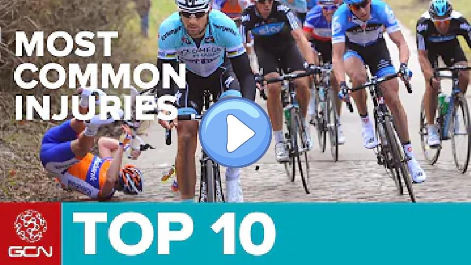 Play video: Top 10 Most Common Cycling Injuries
1. Knee Pain
2. Lower Back Pain
3. Neck Pain
4. Wrist and Hand Injuries
5. Saddle Sores
6. Head Injuries
7. Fractured Collarbone
8. Road Rash
9. Muscle Strains
10. Foot Numbness Video thumb: Top 10 Most Common Cycling Injuries
1. Knee Pain
2. Lower Back Pain
3. Neck Pain
4. Wrist and Hand Injuries
5. Saddle Sores
6. Head Injuries
7. Fractured Collarbone
8. Road Rash
9. Muscle Strains
10. Foot Numbness