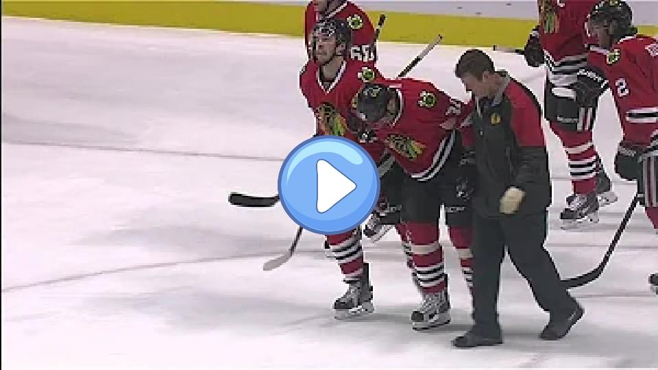 Play video: Gotta See It: Hossa injured after a hip check from Lindholm Video thumb: Gotta See It: Hossa injured after a hip check from Lindholm