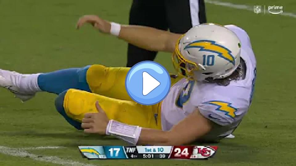 Play video: Justin Herbert in pain after taking a hit against the Chiefs Video thumb: Justin Herbert in pain after taking a hit against the Chiefs