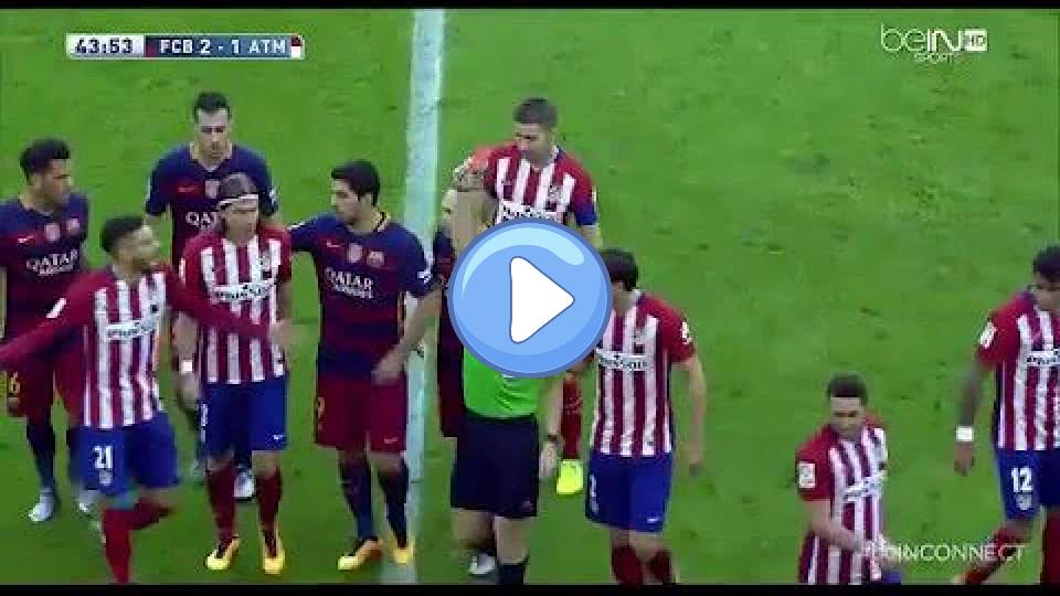 Play video: Filipe Luis received a red card for a studs-up challenge on Lionel Messi. Video thumb: Filipe Luis received a red card for a studs-up challenge on Lionel Messi.