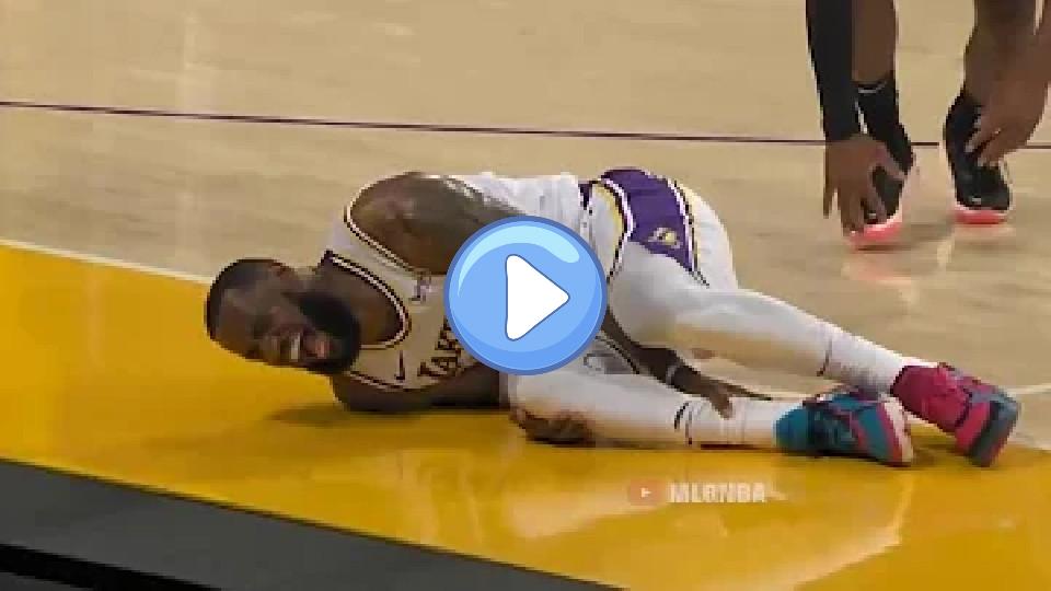 Play video: LeBron James left the Lakers game against the Hawks with an apparent right leg injury. Video thumb: LeBron James left the Lakers game against the Hawks with an apparent right leg injury.