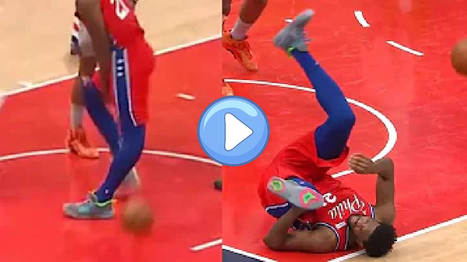 Play video: Joel Embiid's left knee hyperextended when he landed during the 76ers vs. Wizards game. Video thumb: Joel Embiid's left knee hyperextended when he landed during the 76ers vs. Wizards game.