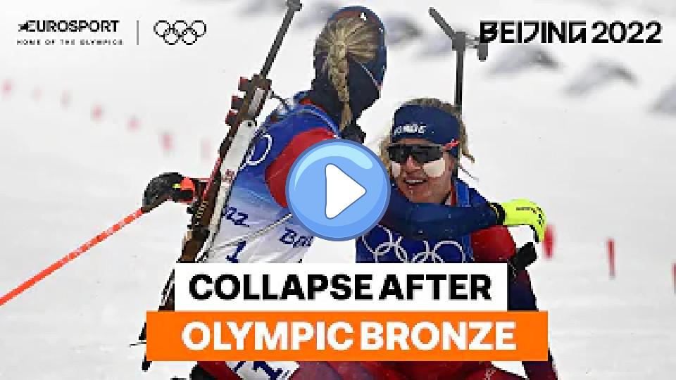 Play video: Tiril Eckhoff collapses after winning bronze in Women's Biathlon 10km Pursuit | 2022 Winter Olympics Video thumb: Tiril Eckhoff collapses after winning bronze in Women's Biathlon 10km Pursuit | 2022 Winter Olympics