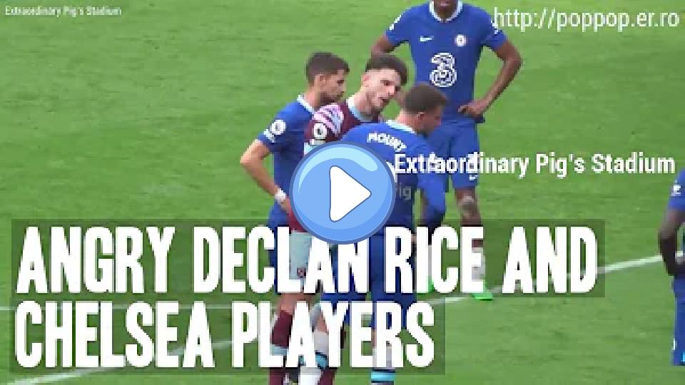 Play video: Chelsea players try to calm down angry captain Declan Rice. Video thumb: Chelsea players try to calm down angry captain Declan Rice.