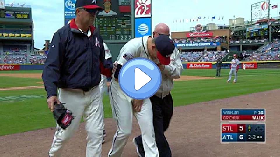 Play video: STL@ATL: Winkler exits the game due to an arm injury Video thumb: STL@ATL: Winkler exits the game due to an arm injury