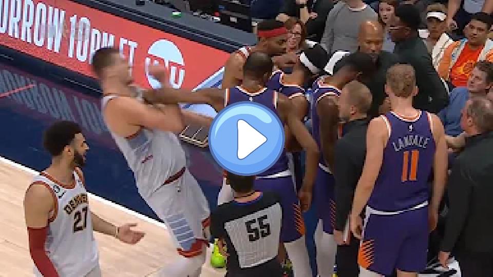 Play video: Kevin Durant pushes Nikola Jokic away from the Suns' huddle and receives a technical foul in Game 5. Video thumb: Kevin Durant pushes Nikola Jokic away from the Suns' huddle and receives a technical foul in Game 5.