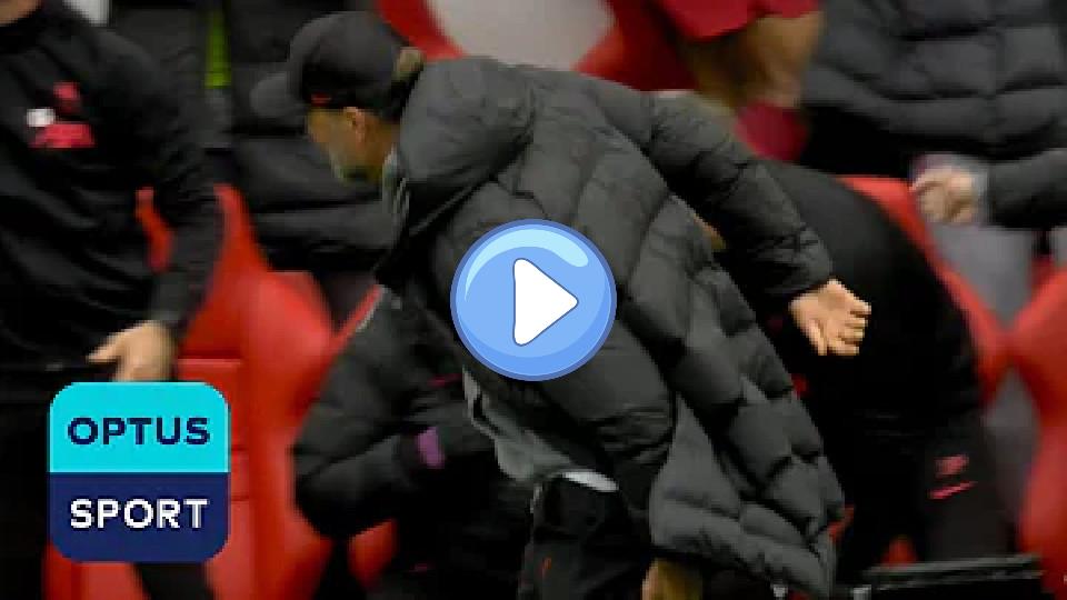 Play video: Jürgen Klopp reacts to pulling his hamstring after celebrating a goal. Video thumb: Jürgen Klopp reacts to pulling his hamstring after celebrating a goal.