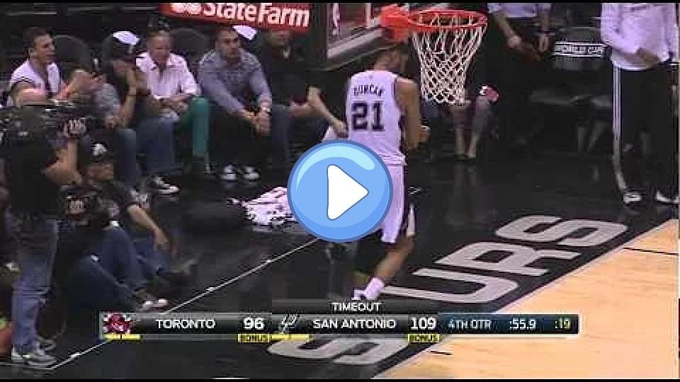 Play video: Tim Duncan hyperextended his left elbow during the Raptors vs. Spurs game. Video thumb: Tim Duncan hyperextended his left elbow during the Raptors vs. Spurs game.