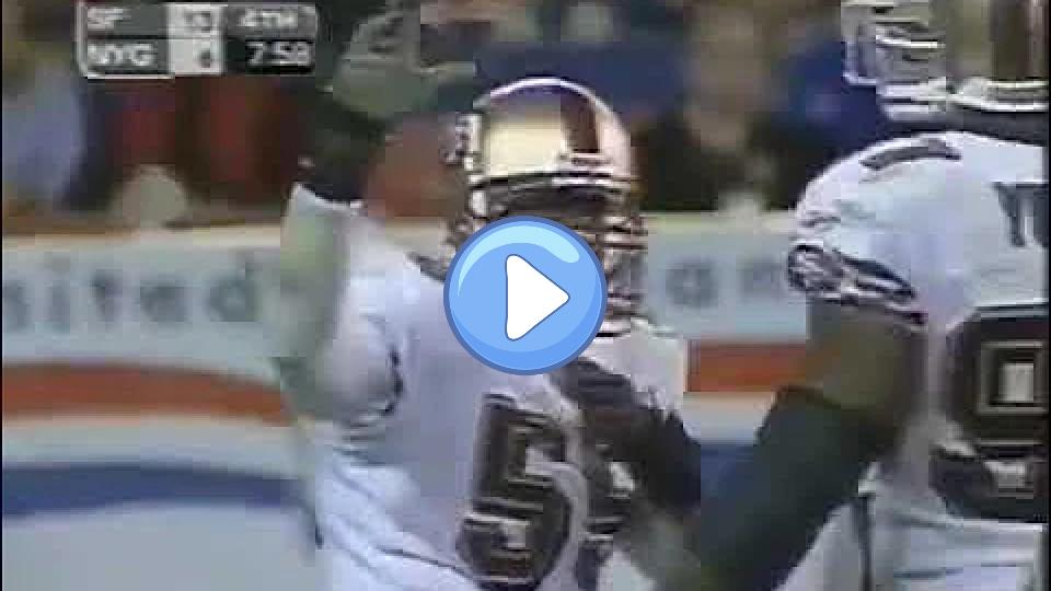 Play video: 1st and 10, QB Kerry Collins is sacked by Jamie Winborn. Throwback to 2002 Week 1 TNF 🌃 49ers @ Giants. Video thumb: 1st and 10, QB Kerry Collins is sacked by Jamie Winborn. Throwback to 2002 Week 1 TNF 🌃 49ers @ Giants.