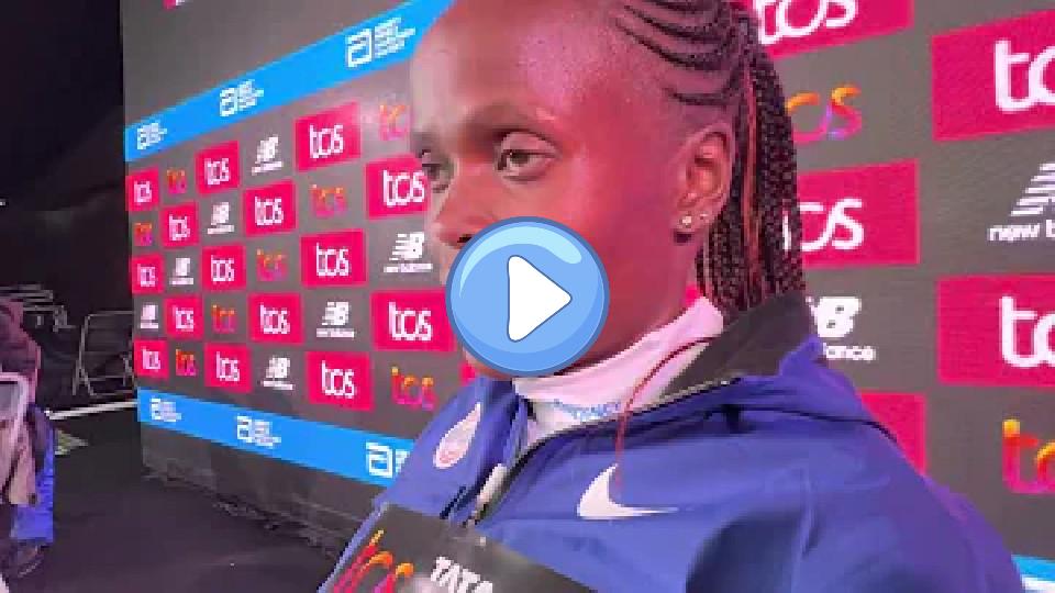 Play video: Brigid Kosgei battled a late hamstring injury during the buildup to the 2023 London Marathon. Video thumb: Brigid Kosgei battled a late hamstring injury during the buildup to the 2023 London Marathon.