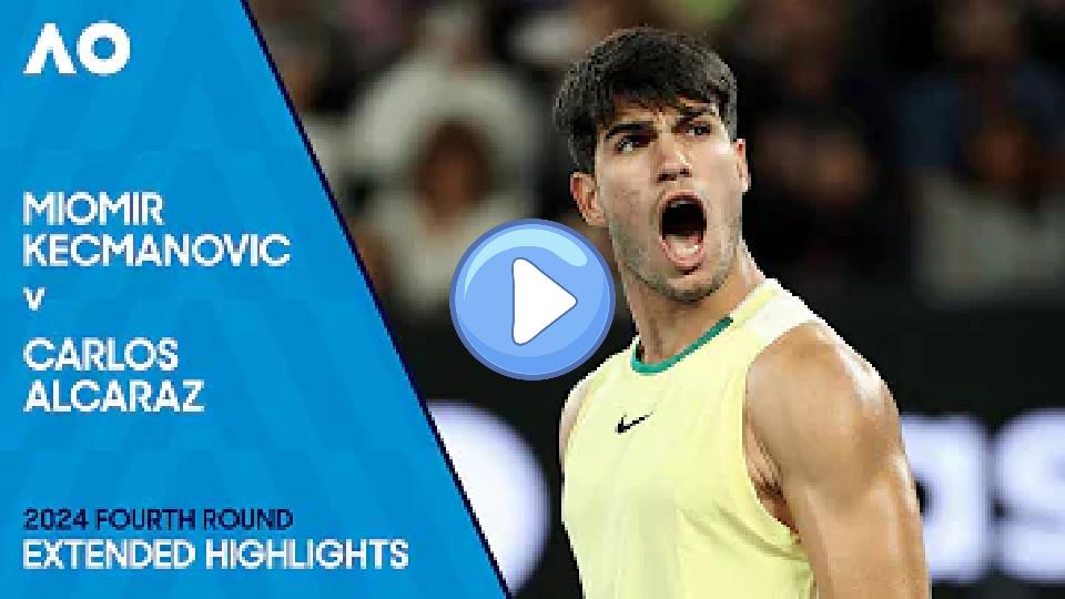 Play video: Extended Highlights: Miomir Kecmanovic vs Carlos Alcaraz | Australian Open 2024 Fourth Round Video thumb: Extended Highlights: Miomir Kecmanovic vs Carlos Alcaraz | Australian Open 2024 Fourth Round