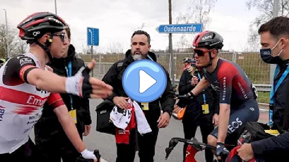 Play video: Tadej Pogacar Confronts Dylan van Baarle After Flanders Sprint Finish Video thumb: Tadej Pogacar Confronts Dylan van Baarle After Flanders Sprint Finish