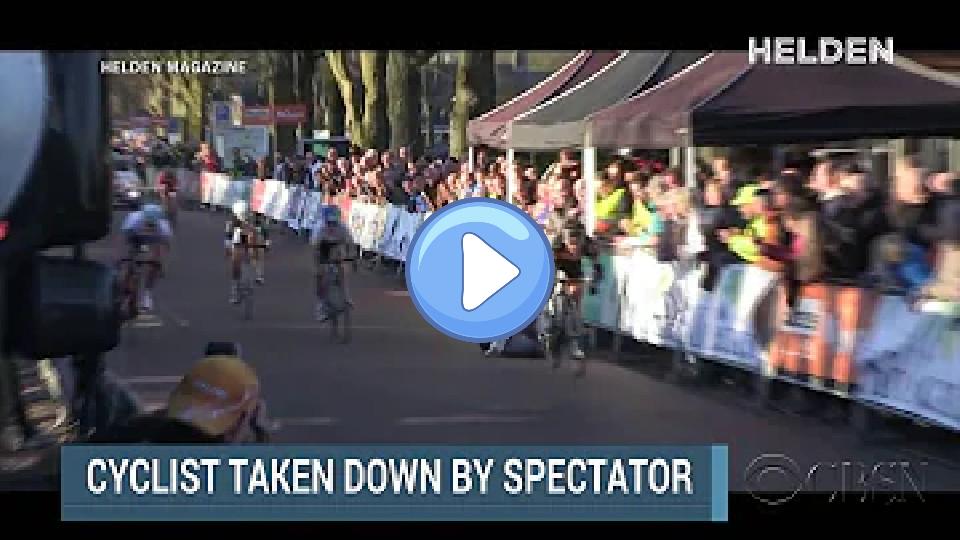 Play video: Spectator knocks out cyclist just before the finish line Video thumb: Spectator knocks out cyclist just before the finish line