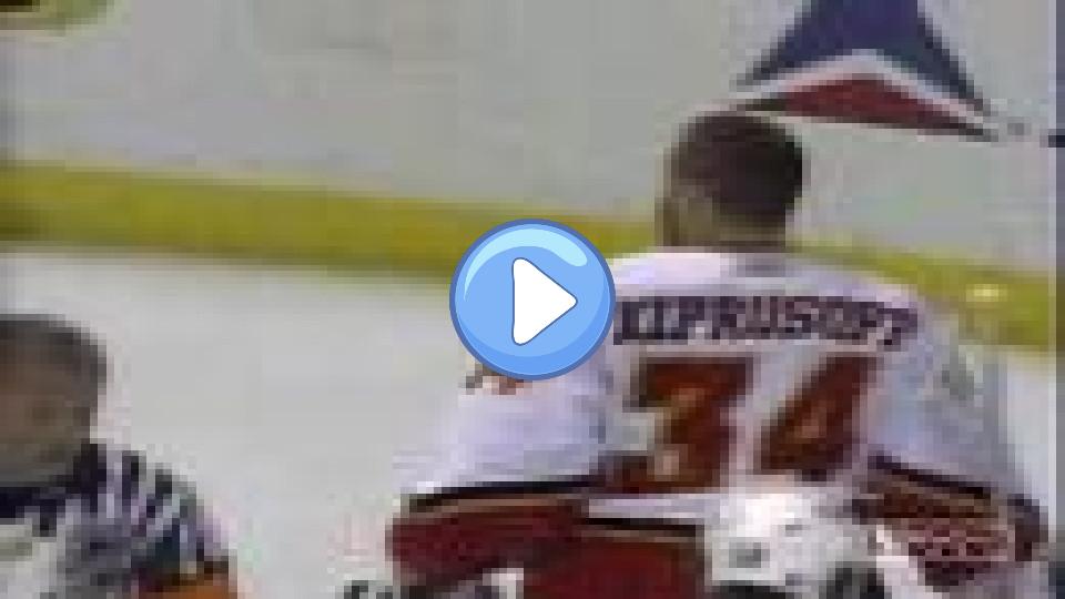 Play video: Kiprusoff takes a slapshot off the mask. Video thumb: Kiprusoff takes a slapshot off the mask.