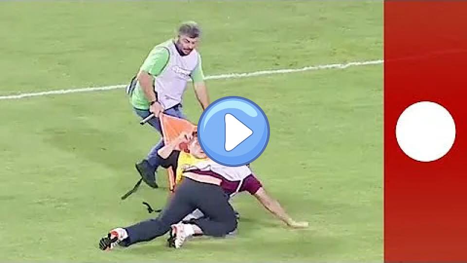 Play video: Injured footballer dropped multiple times by medics in Greece Video thumb: Injured footballer dropped multiple times by medics in Greece
