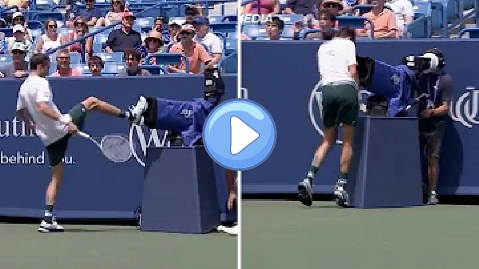 Play video: Medvedev kicks TV camera after crashing into it during the Southern Open. Video thumb: Medvedev kicks TV camera after crashing into it during the Southern Open.