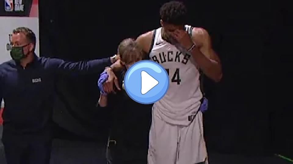 Video thumb: Giannis Antetokounmpo emotional as he leaves the locker room with an ankle injury | Game 4