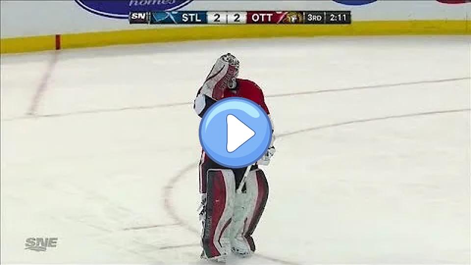 Play video: Robin Lehner's throat guard shattered upon impact from a shot. Video thumb: Robin Lehner's throat guard shattered upon impact from a shot.