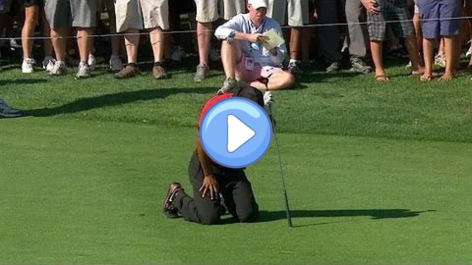 Play video: Tiger Woods drops to his knees in pain during the final round of The Barclays. Video thumb: Tiger Woods drops to his knees in pain during the final round of The Barclays.