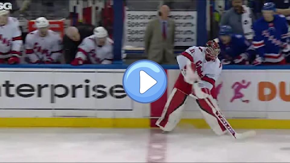 Play video: Frederik Andersen shows off his puck-handling skills. Video thumb: Frederik Andersen shows off his puck-handling skills.