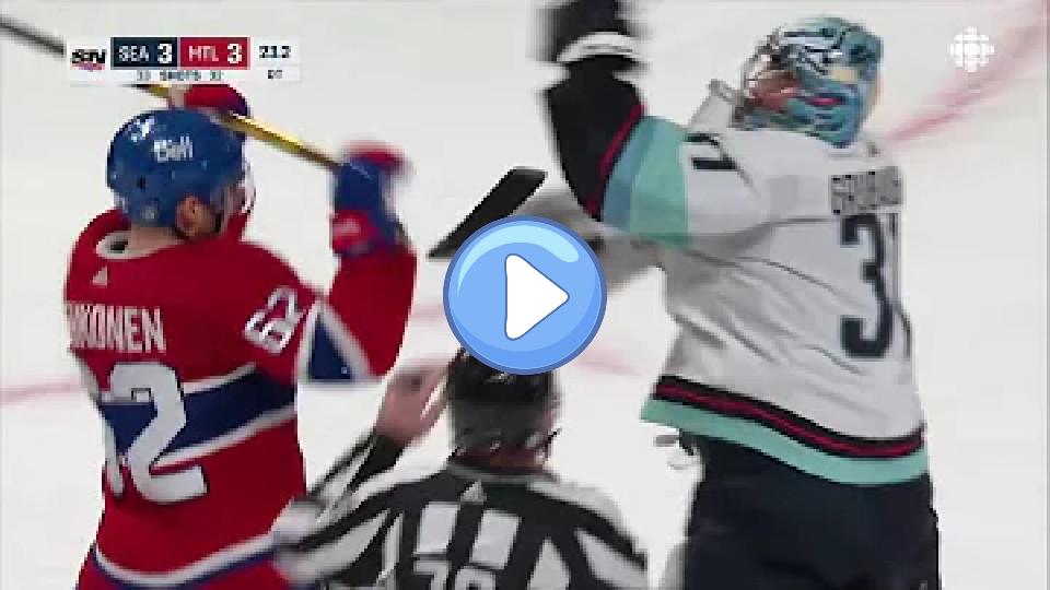 Play video: Philipp Grubauer did not appreciate Lehkonen restraining him as he tried to pass the puck. Video thumb: Philipp Grubauer did not appreciate Lehkonen restraining him as he tried to pass the puck.