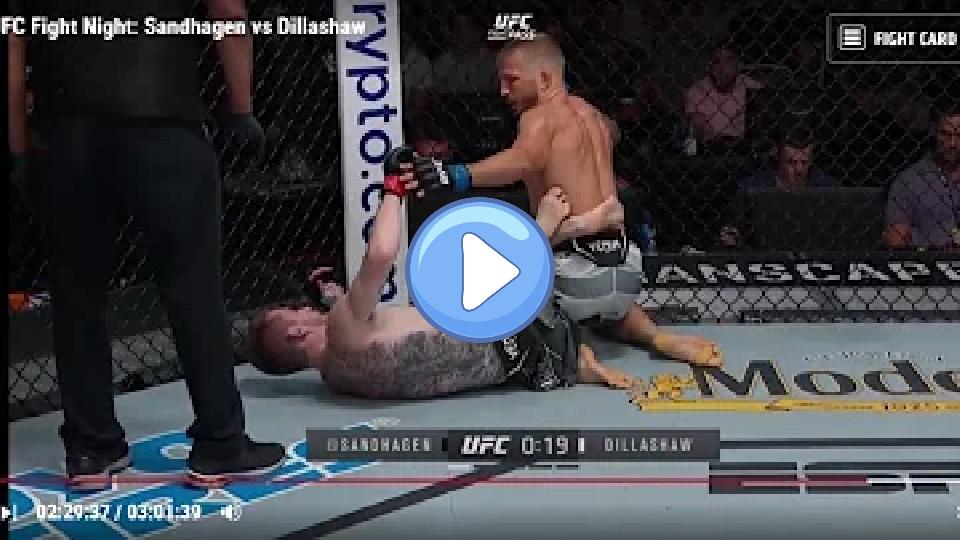 Play video: Sandhagen pops Dillashaw's knee with a heel hook. Video thumb: Sandhagen pops Dillashaw's knee with a heel hook.