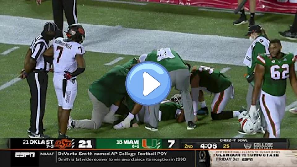 Play video: D'Eriq King Suffers Knee Injury | Cheez-It Bowl | #21 Oklahoma State vs. #18 Miami Video thumb: D'Eriq King Suffers Knee Injury | Cheez-It Bowl | #21 Oklahoma State vs. #18 Miami