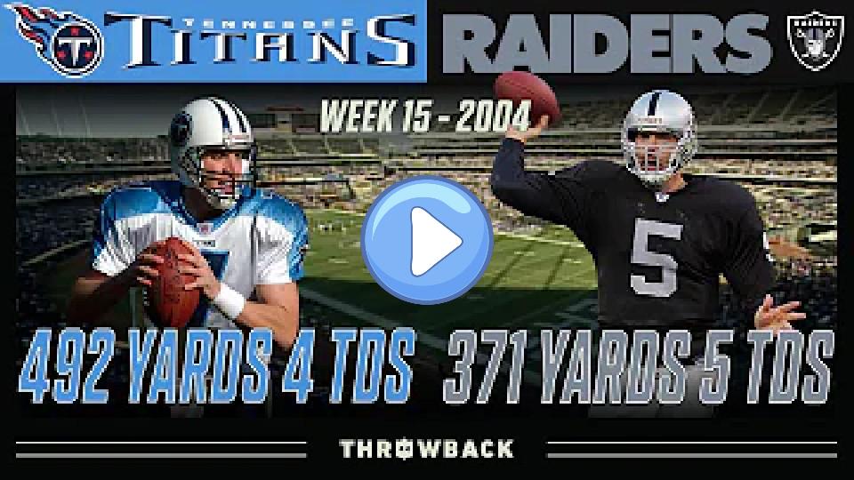 Play video: Incredible QB Duel You've Never Heard Of! (Titans vs. Raiders 2004, Week 15) Video thumb: Incredible QB Duel You've Never Heard Of! (Titans vs. Raiders 2004, Week 15)