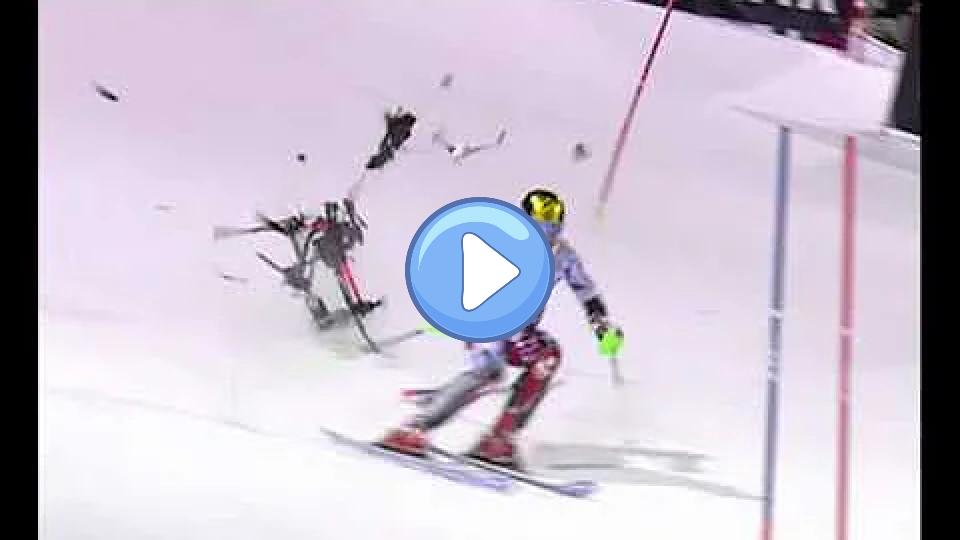 Video thumb: Skiing Champion Narrowly Escapes Death as Camera Drone Plummets From Sky