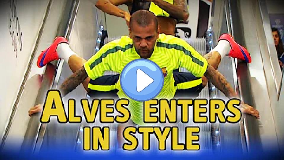 Play video: Dani Alves goes down the escalator headfirst ahead of the Champions League final. Video thumb: Dani Alves goes down the escalator headfirst ahead of the Champions League final.