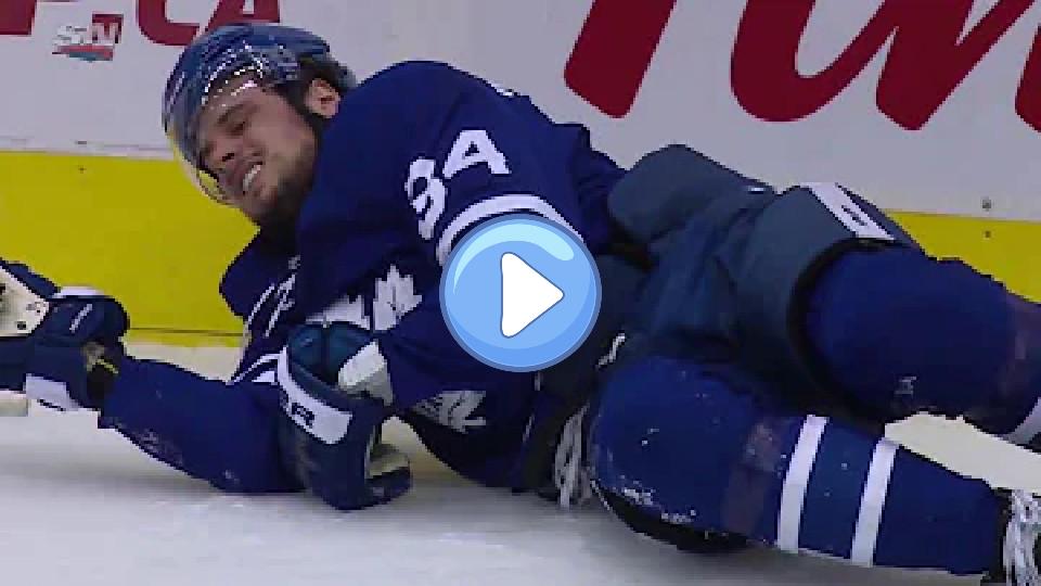 Play video: Matthews crashes hard into the boards. Video thumb: Matthews crashes hard into the boards.