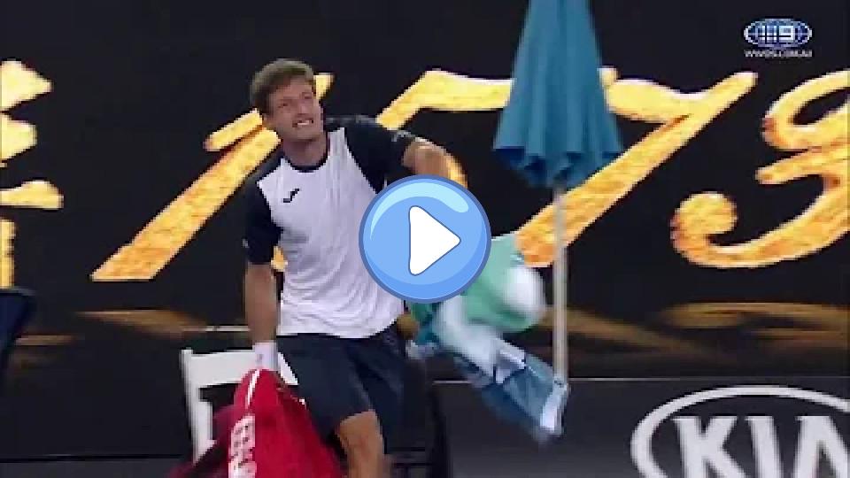 Play video: Pablo Carreno Busta furiously threw his bag and shouted at the chair umpire. Video thumb: Pablo Carreno Busta furiously threw his bag and shouted at the chair umpire.