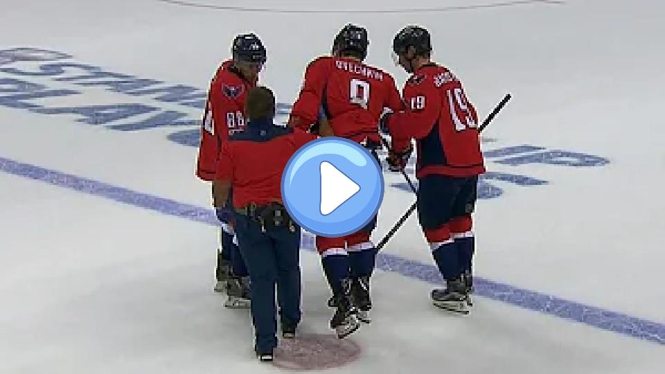 Video thumb: Ovechkin needs help leaving the ice after a low hit from Kadri.