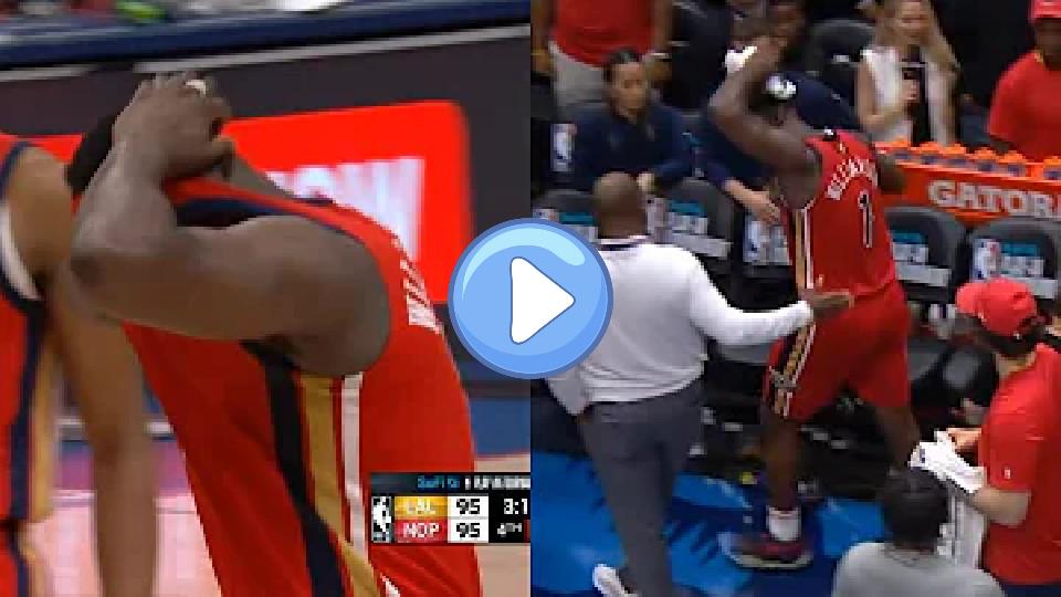 Play video: Zion Williamson was frustrated after getting injured late in the game against the Lakers. Video thumb: Zion Williamson was frustrated after getting injured late in the game against the Lakers.
