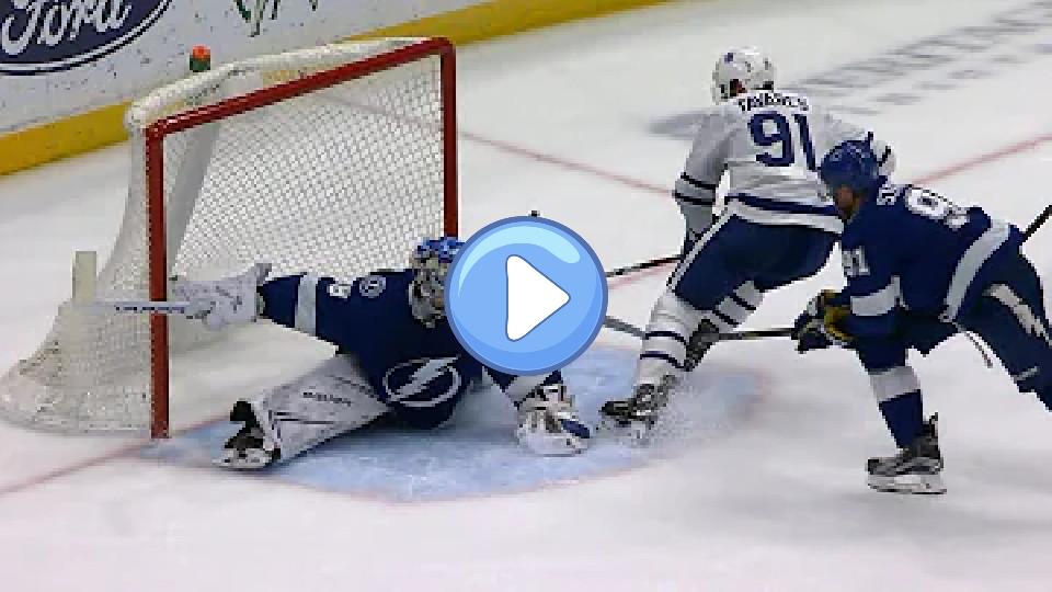 Play video: Andrei Vasilevskiy returns from injury with two spectacular saves. Video thumb: Andrei Vasilevskiy returns from injury with two spectacular saves.