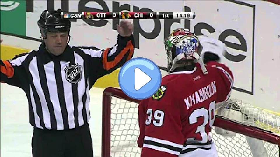 Play video: Kyle Turris breaks Khabibulin's helmet Video thumb: Kyle Turris breaks Khabibulin's helmet