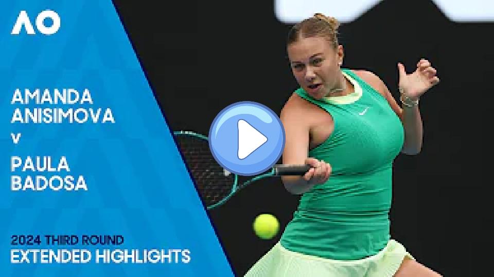Play video: Amanda Anisimova vs Paula Badosa Extended Highlights | Australian Open 2024 Third Round Video thumb: Amanda Anisimova vs Paula Badosa Extended Highlights | Australian Open 2024 Third Round