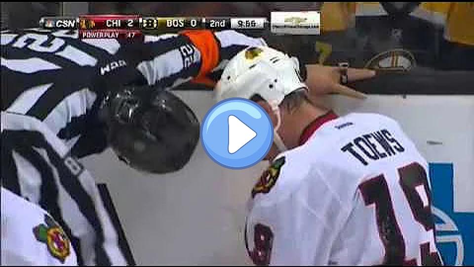 Play video: Dennis Seidenberg hit Blackhawks' Jonathan Toews from behind. Video thumb: Dennis Seidenberg hit Blackhawks' Jonathan Toews from behind.