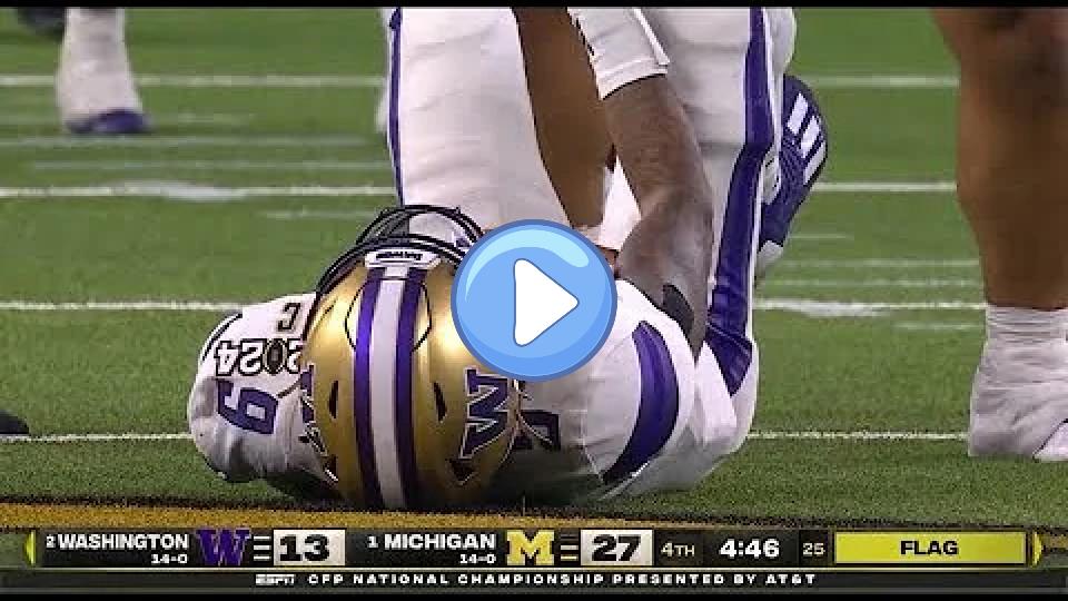 Play video: Washington QB Michael Penix Jr. Injury vs Michigan | Michigan vs Washington CFP 2024 Video thumb: Washington QB Michael Penix Jr. Injury vs Michigan | Michigan vs Washington CFP 2024