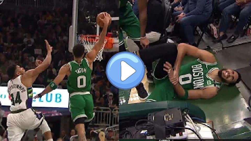 Play video: Jayson Tatum delivers an incredible poster dunk over Giannis and injures his wrist in the process. 😨 Video thumb: Jayson Tatum delivers an incredible poster dunk over Giannis and injures his wrist in the process. 😨