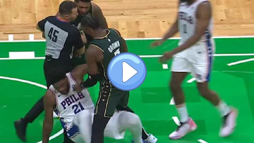 Play video: Jaylen Brown Confronts Joel Embiid After Embiid Attempts to Injure Marcus Smart with a Rough Play Video thumb: Jaylen Brown Confronts Joel Embiid After Embiid Attempts to Injure Marcus Smart with a Rough Play