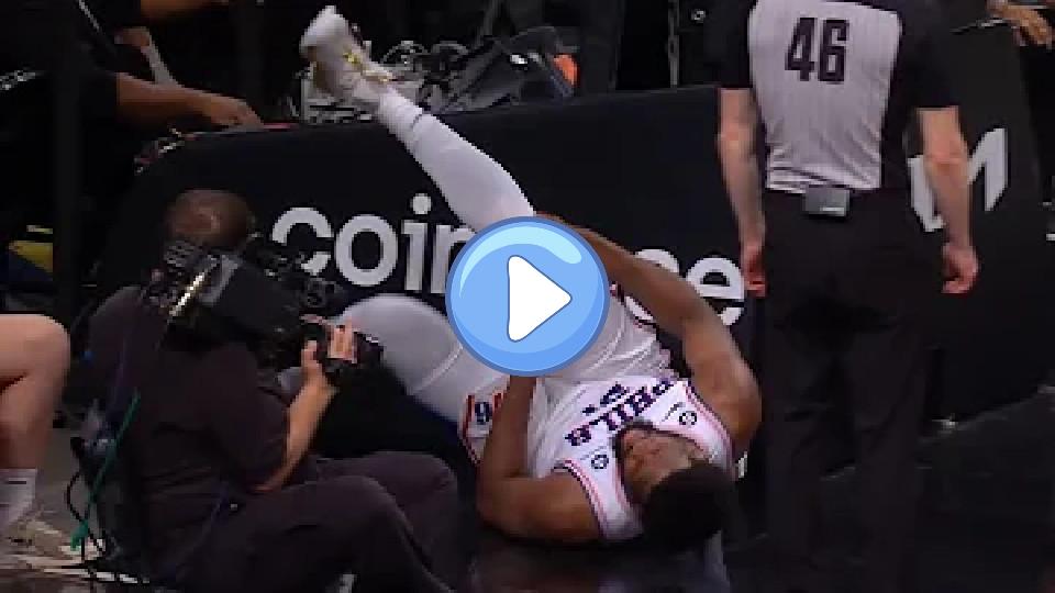 Play video: Joel Embiid suffers knee injury on awkward landing; out for Game 4 vs. Nets Video thumb: Joel Embiid suffers knee injury on awkward landing; out for Game 4 vs. Nets