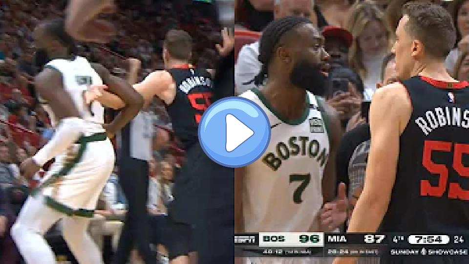 Play video: Jaylen Brown tries to pull Duncan Robinson's arm, leading to a confrontation. 😬 Video thumb: Jaylen Brown tries to pull Duncan Robinson's arm, leading to a confrontation. 😬