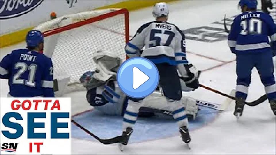 Play video: Gotta See It: Jets' Hellebuyck Cut by Kucherov Slap Shot to Face Video thumb: Gotta See It: Jets' Hellebuyck Cut by Kucherov Slap Shot to Face