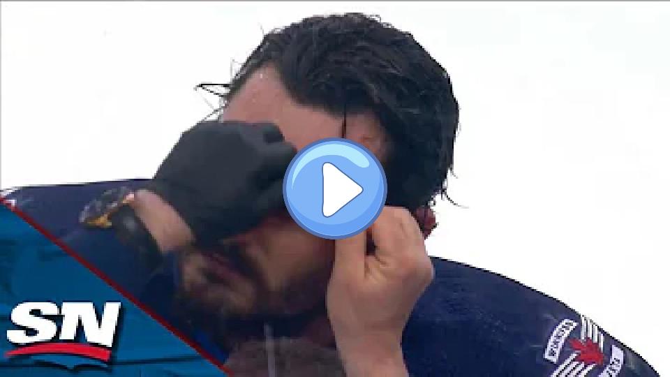 Play video: Jets' Connor Hellebuyck Stays in Game After Getting Cut Above Eye by Slapshot from Jack Eichel Video thumb: Jets' Connor Hellebuyck Stays in Game After Getting Cut Above Eye by Slapshot from Jack Eichel