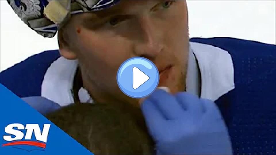 Play video: Andrei Vasilevskiy Left Bloodied After Taking Knee To The Head on Diving Save Video thumb: Andrei Vasilevskiy Left Bloodied After Taking Knee To The Head on Diving Save